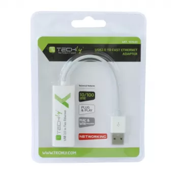 Techly USB2.0 uz Fast Ethernet 10/100 Mbps pārveidotājs, vadu, USB, Ethernet, 100 Mbit/s, Balts