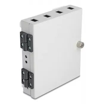 DELOCK sienas sadales kārba šķiedru optikai, 4× SC Simplex vai LC Duplex adapteriem, metāla korpuss, pelēka