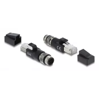 Adapter M12 D-kodēts 4-pin (vīrišķais) uz RJ45 spraudni, DELOCK 90831, zeltīti kontakti, melns