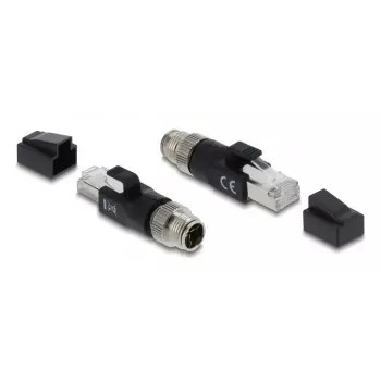 Adapteris DELOCK M12 X-coded 8-pin vīrišķais uz RJ45 spraudni, zeltīti kontakti, melns