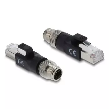 Adapteris DELOCK M12 X-coded 8-pin vīrišķais uz RJ45 spraudni, zeltīti kontakti, melns