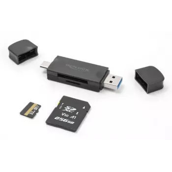 Karšu lasītājs DELOCK USB 5 Gbps USB Type-C / Type-A SD un MicroSD, Melns, 21×77×10 mm