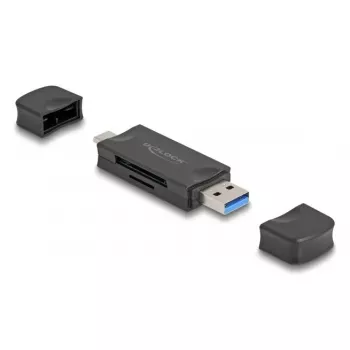 Karšu lasītājs DELOCK USB 5 Gbps USB Type-C / Type-A SD un MicroSD, Melns, 21×77×10 mm