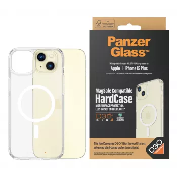 Cietais MacSafe telefona maciņš PanzerGlass iPhone 15 Plus — caurspīdīgs, no pārstrādātas plastmasas, 6.69 collu ekrānam