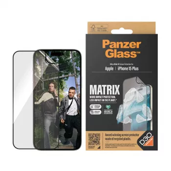 PanzerGlass ECO MATRIX ekrāna aizsargs ar D3O® iPhone 15 Plus | Ultra-Wide Fit ar AlignerKit
