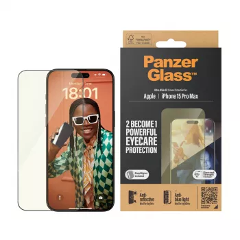PanzerGlass® EyeCARE™ Ekrāna aizsargs iPhone 15 Pro Max | Ultra-Wide Fit ar EasyAligner