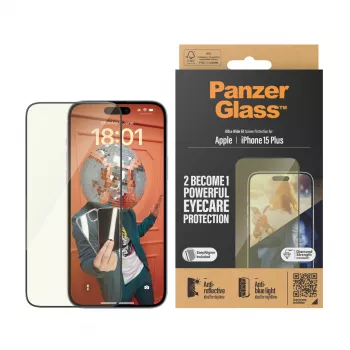 PanzerGlass Eyecare rūdīta stikla ekrāna aizsargs iPhone 15 Plus — Ultra-Wide Fit, triecienizturīgs, sausā uzlikšana