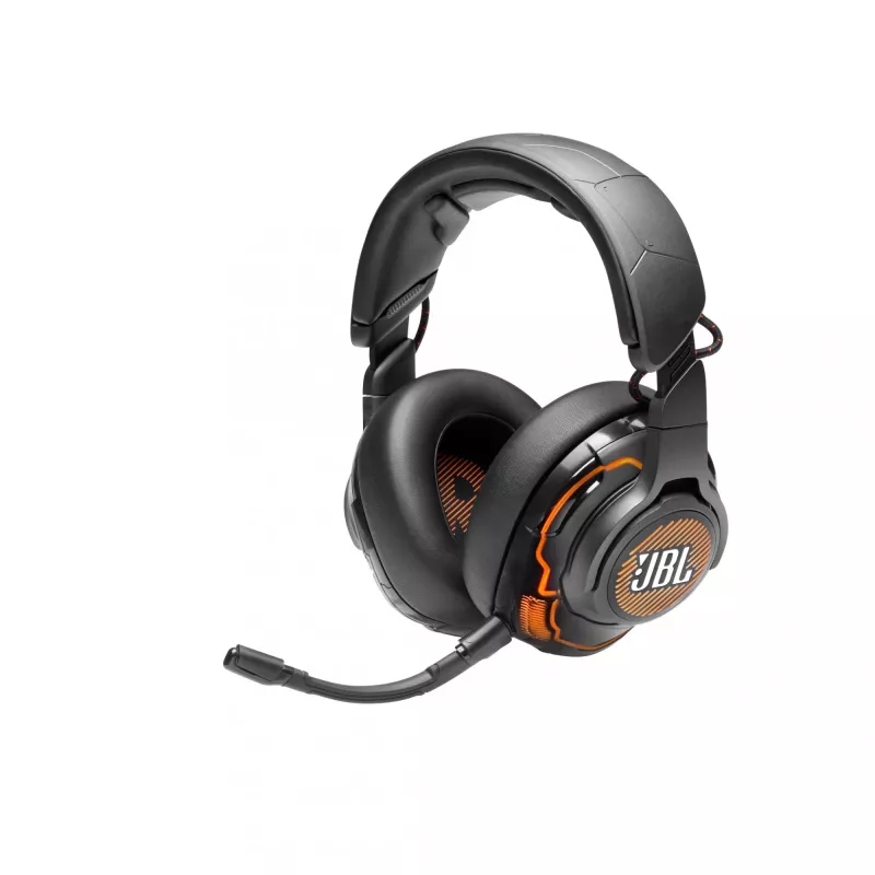 JBL Quantum One vadu spēļu austiņas, kas apņem ausis, aktīva trokšņu slāpēšana, USB-C, 3,5 mm, 20 - 20000 Hz, melnas