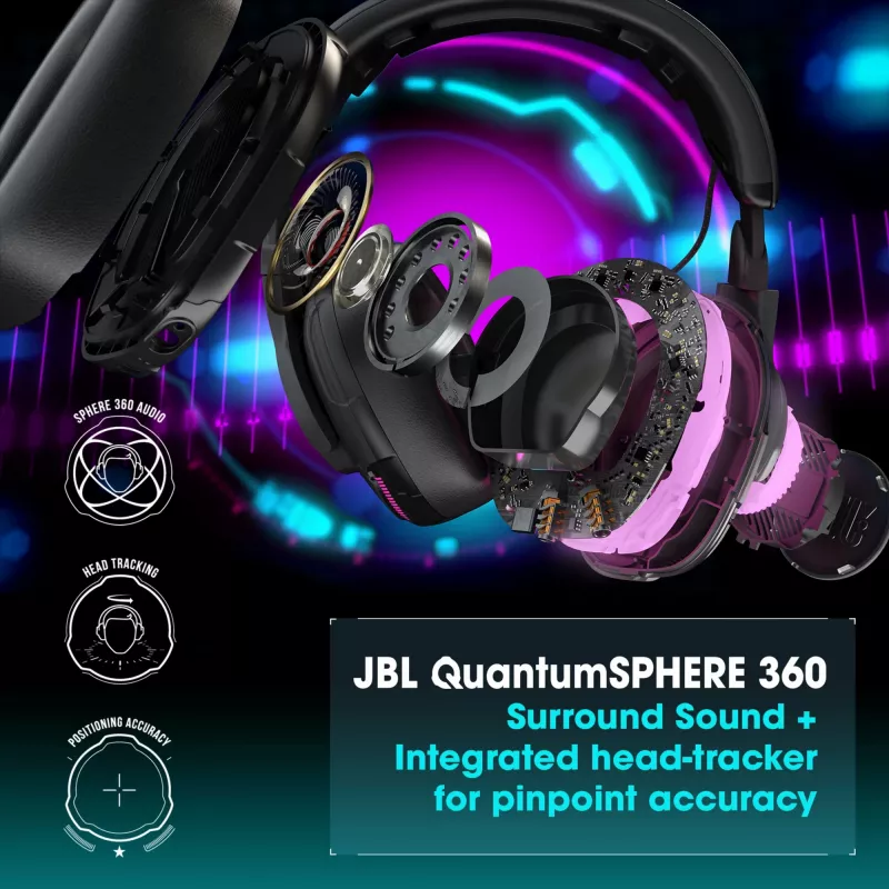 JBL Quantum One vadu spēļu austiņas, kas apņem ausis, aktīva trokšņu slāpēšana, USB-C, 3,5 mm, 20 - 20000 Hz, melnas