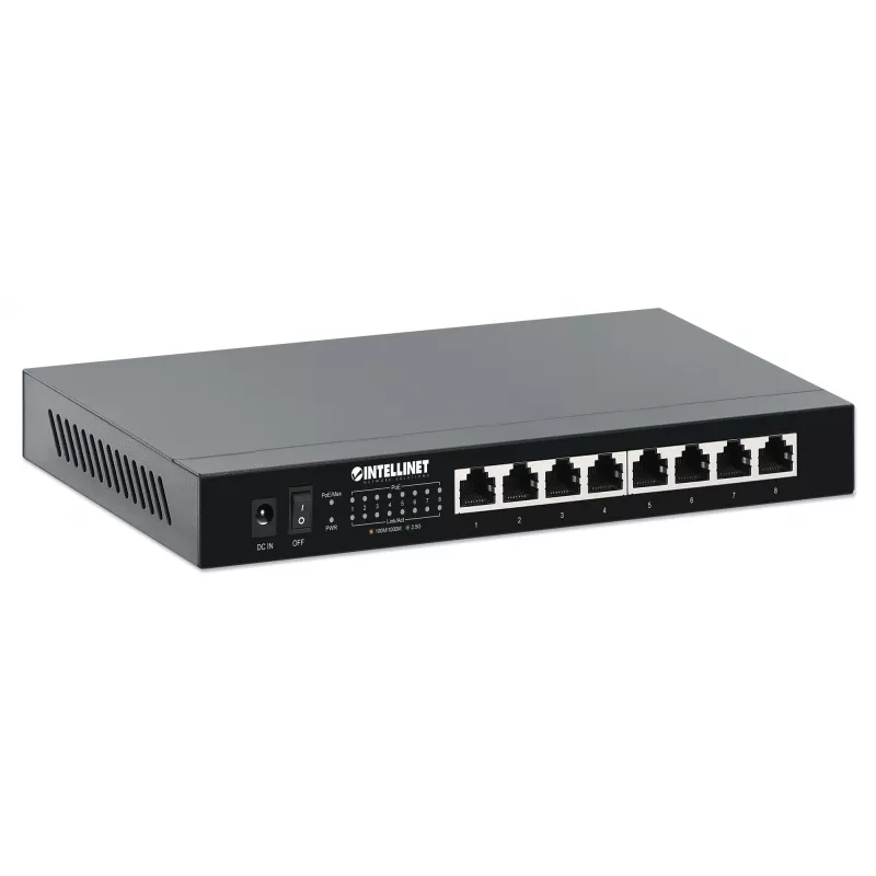 Intellinet 8-Port 2.5G Ethernet PoE+ Slēdzis ar astoņiem 10/100/1000/2500 Mbps PSE PoE+ portiem, 100 W PoE budžets, nepārvaldāms, galddatora formāts, iespēja montēt pie sienas
