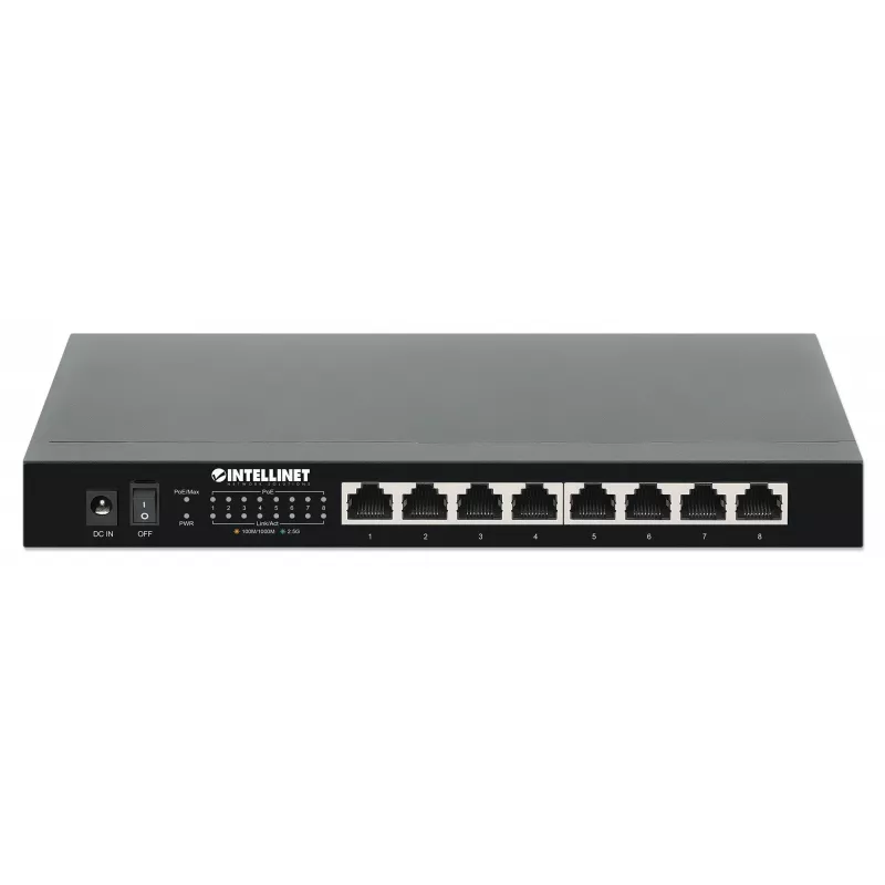 Intellinet 8-Port 2.5G Ethernet PoE+ Slēdzis ar astoņiem 10/100/1000/2500 Mbps PSE PoE+ portiem, 100 W PoE budžets, nepārvaldāms, galddatora formāts, iespēja montēt pie sienas