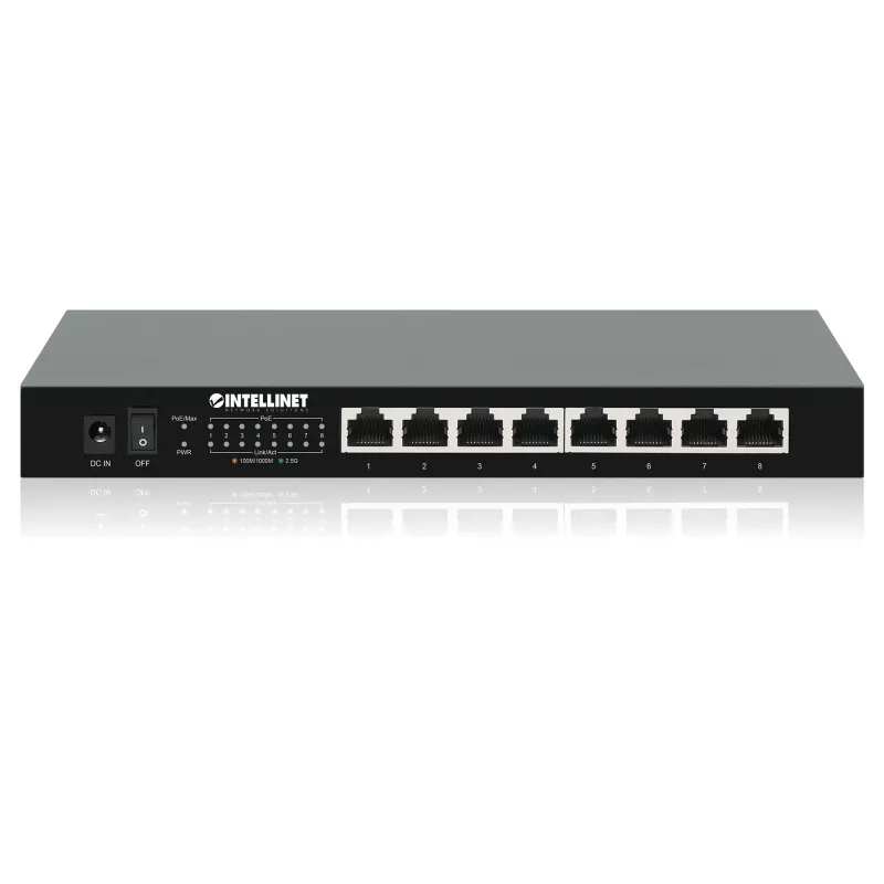 Intellinet 8-Port 2.5G Ethernet PoE+ Slēdzis ar astoņiem 10/100/1000/2500 Mbps PSE PoE+ portiem, 100 W PoE budžets, nepārvaldāms, galddatora formāts, iespēja montēt pie sienas