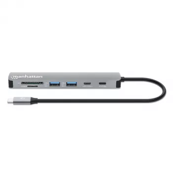 Manhattan USB-C dokstacija/hubs ar karšu lasītāju, porti (x5): HDMI, USB-A (x2) un USB-C (x2), ar Power Delivery (PD) 100W - nepieciešams ārējais USB-C lādētājs (nav iekļauts). USB barošana (nav nepieciešams ārējais barošanas avots), kad PD netiek izmanto
