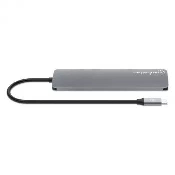 Manhattan USB-C dokstacija/hubs ar karšu lasītāju, porti (x5): HDMI, USB-A (x2) un USB-C (x2), ar Power Delivery (PD) 100W - nepieciešams ārējais USB-C lādētājs (nav iekļauts). USB barošana (nav nepieciešams ārējais barošanas avots), kad PD netiek izmanto