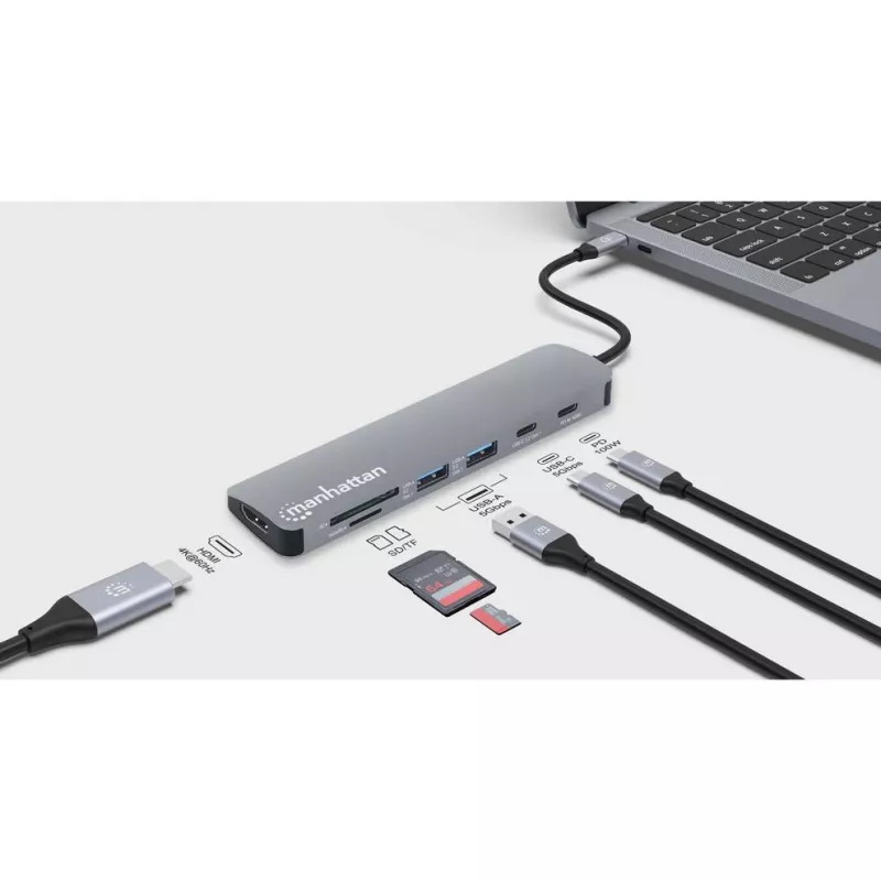 Manhattan USB-C dokstacija/hubs ar karšu lasītāju, porti (x5): HDMI, USB-A (x2) un USB-C (x2), ar Power Delivery (PD) 100W - nepieciešams ārējais USB-C lādētājs (nav iekļauts). USB barošana (nav nepieciešams ārējais barošanas avots), kad PD netiek izmanto