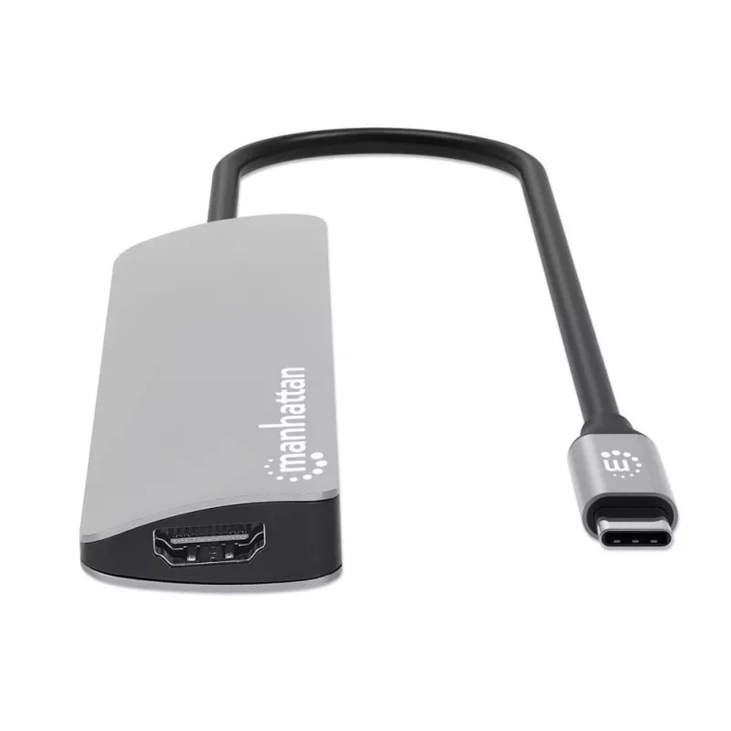 Manhattan USB-C dokstacija/hubs ar karšu lasītāju, porti (x5): HDMI, USB-A (x2) un USB-C (x2), ar Power Delivery (PD) 100W - nepieciešams ārējais USB-C lādētājs (nav iekļauts). USB barošana (nav nepieciešams ārējais barošanas avots), kad PD netiek izmanto