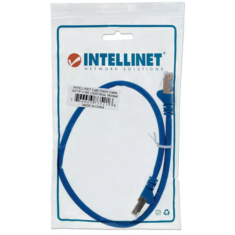 Intellinet tīkla vads, Cat6, 0,5 m, zils, varš, S/FTP, LSOH / LSZH, PVC, RJ45, apzeltīti kontakti, ar aizsargvāciņu, mūža garantija