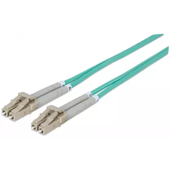 Intellinet optiskās šķiedras savienojuma kabelis, OM3, LC/LC, 1m, Aqua, Duplex, Multimode, 50/125 µm, LSZH, Mūža garantija