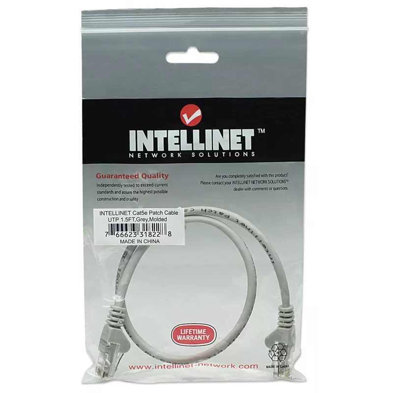 Intellinet tīkla vads Cat5e 0,5m pelēks CCA U/UTP PVC RJ45 zeltīti kontakti bezķērājs aizsargvāciņš mūža garantija