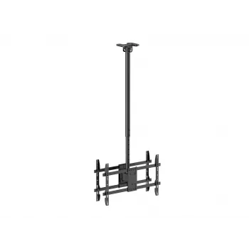 Griestu stiprinājums diviem ekrāniem mugurpēc muguras 43–86 collu EQUIP, slīpums -20–5°, pagrieziens ±180°, VESA 200×200–600×400, max slodze 100 kg, melns