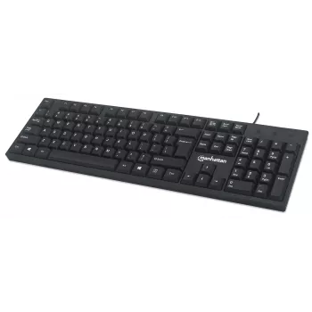 Manhattan vadu USB tastatūra, melna, pilna izmēra taustiņi, 1.5m kabelis, USB-A savienojums, Plug and Play, trīs gadu garantija