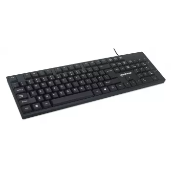 Manhattan vadu USB tastatūra, melna, pilna izmēra taustiņi, 1.5m kabelis, USB-A savienojums, Plug and Play, trīs gadu garantija
