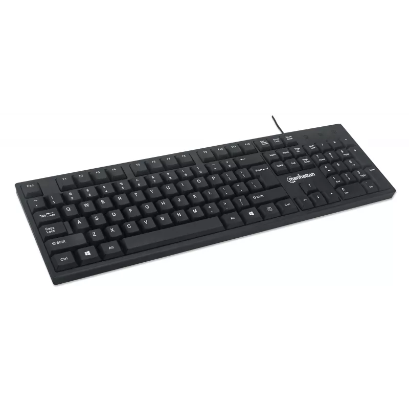 Manhattan vadu USB tastatūra, melna, pilna izmēra taustiņi, 1.5m kabelis, USB-A savienojums, Plug and Play, trīs gadu garantija