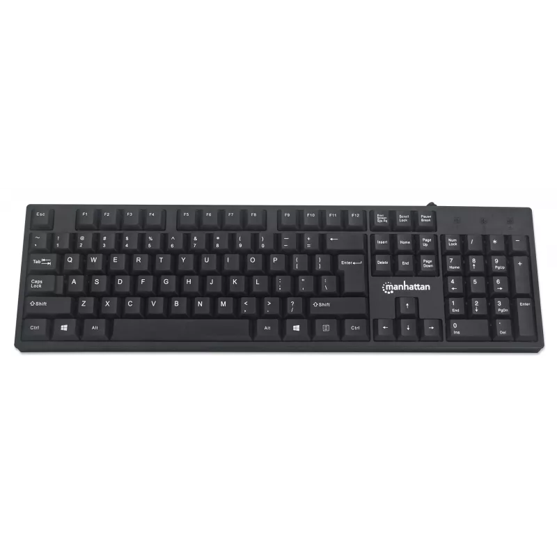 Manhattan vadu USB tastatūra, melna, pilna izmēra taustiņi, 1.5m kabelis, USB-A savienojums, Plug and Play, trīs gadu garantija