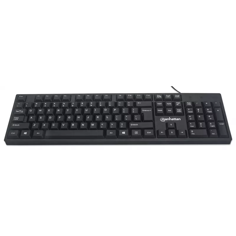 Manhattan vadu USB tastatūra, melna, pilna izmēra taustiņi, 1.5m kabelis, USB-A savienojums, Plug and Play, trīs gadu garantija