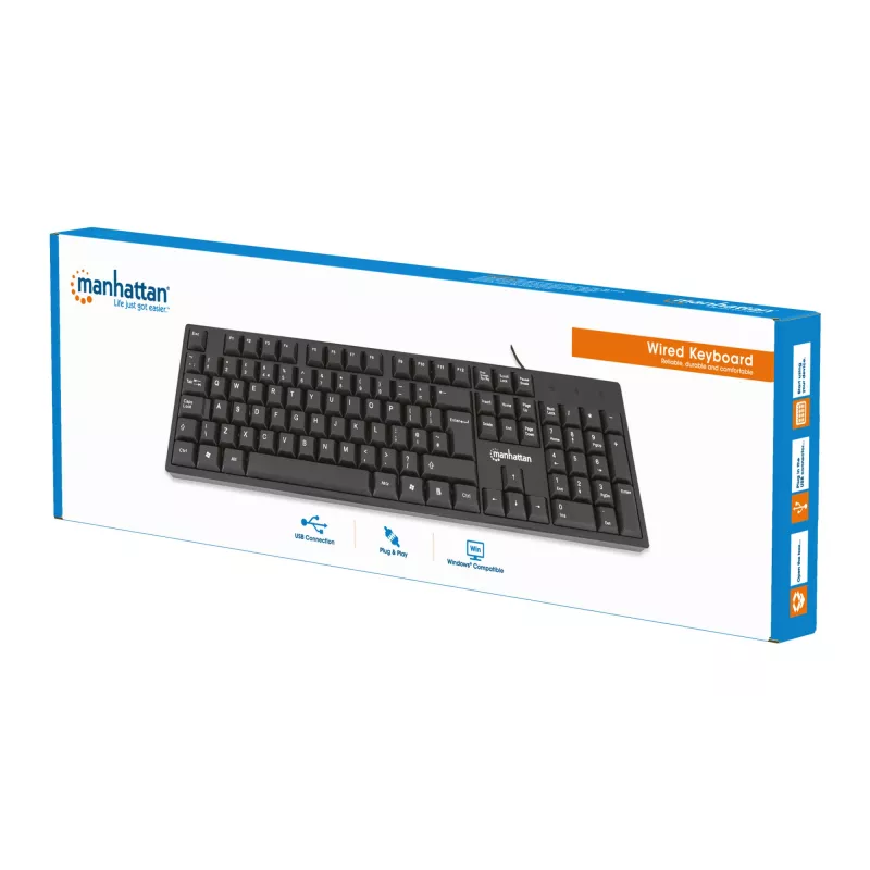 Manhattan vadu USB tastatūra, melna, pilna izmēra taustiņi, 1.5m kabelis, USB-A savienojums, Plug and Play, trīs gadu garantija
