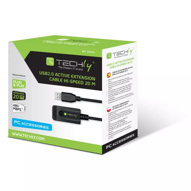 Techly IUSB-REP220TY3 USB pagarinātājkabelis USB 2.0 20 m USB A Melns