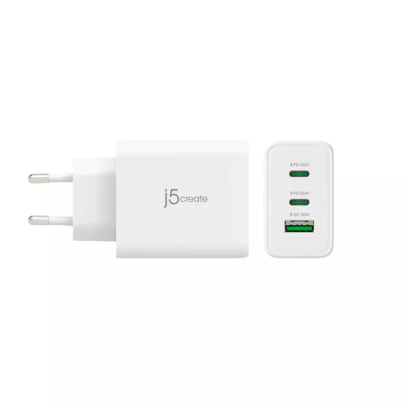 j5create JUP3365E-EN 65W GaN USB-C® 3-Port lādētājs, iekštelpu, AC, balts