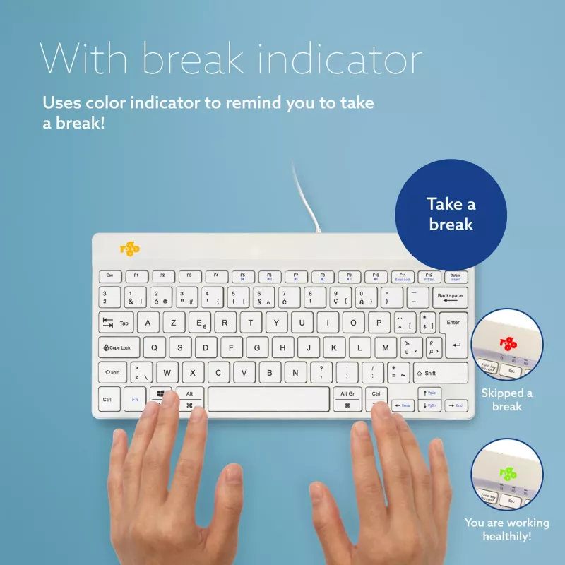 R-Go Tools ergonomiskā tastatūra R-Go Compact Break, kompakta tastatūra ar pārtraukumu programmatūru, AZERTY (BE), vadu, balta