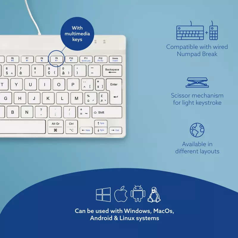 R-Go Tools ergonomiskā tastatūra R-Go Compact Break, kompakta tastatūra ar pārtraukumu programmatūru, AZERTY (BE), vadu, balta
