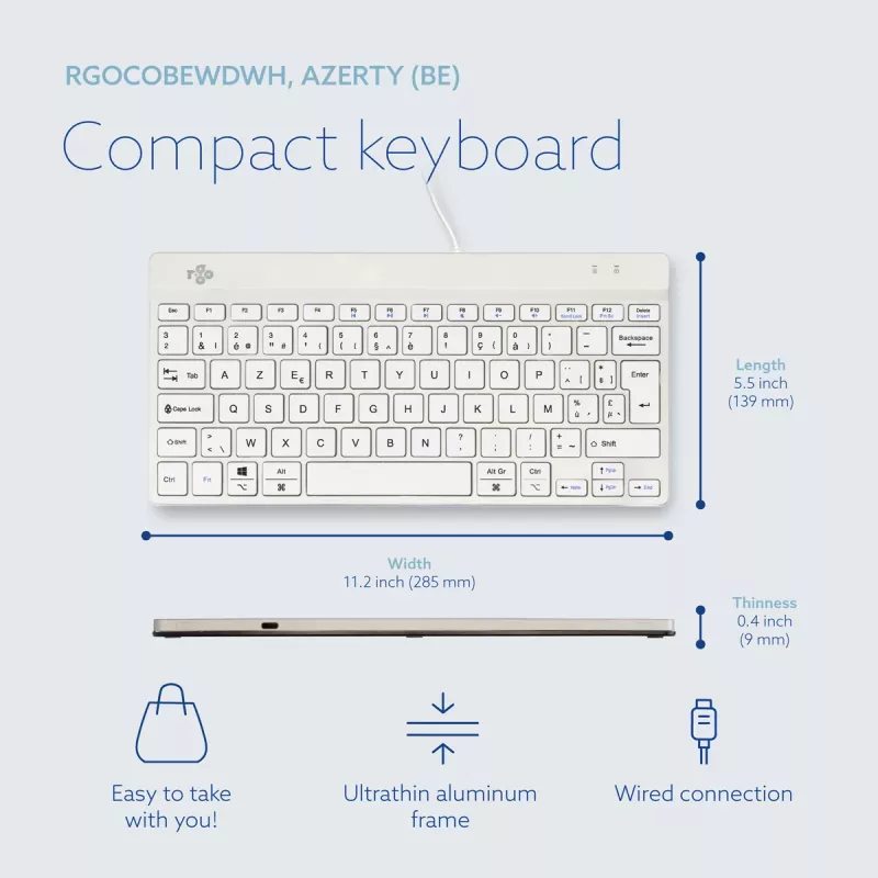 R-Go Tools ergonomiskā tastatūra R-Go Compact Break, kompakta tastatūra ar pārtraukumu programmatūru, AZERTY (BE), vadu, balta