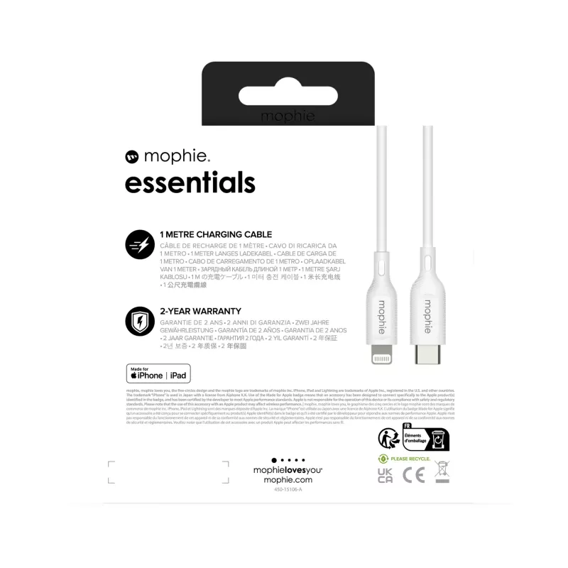 mophie essentials Lightning uz USB-C lādēšanas kabelis (1M) Balts