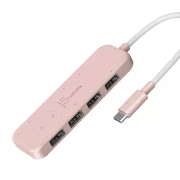 USB-C uz 4-portu USB-A Gen 2 Hubs j5create — 10 Gbps, USB 3.2, rozā, pārstrādāta ABS plastmasa, 100×27×19 mm