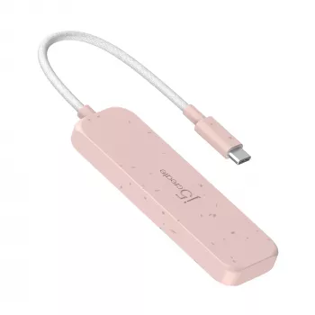 USB-C uz 4-portu USB-A Gen 2 Hubs j5create — 10 Gbps, USB 3.2, rozā, pārstrādāta ABS plastmasa, 100×27×19 mm