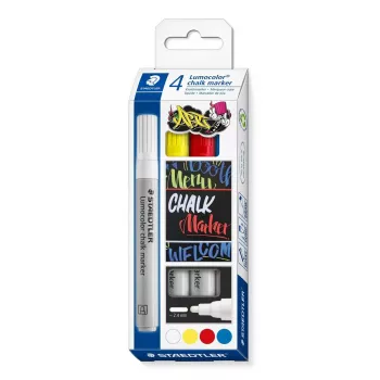 Krīta marķieris Staedtler Lumocolor Bullet zils sarkans balts dzeltens 4 gab.