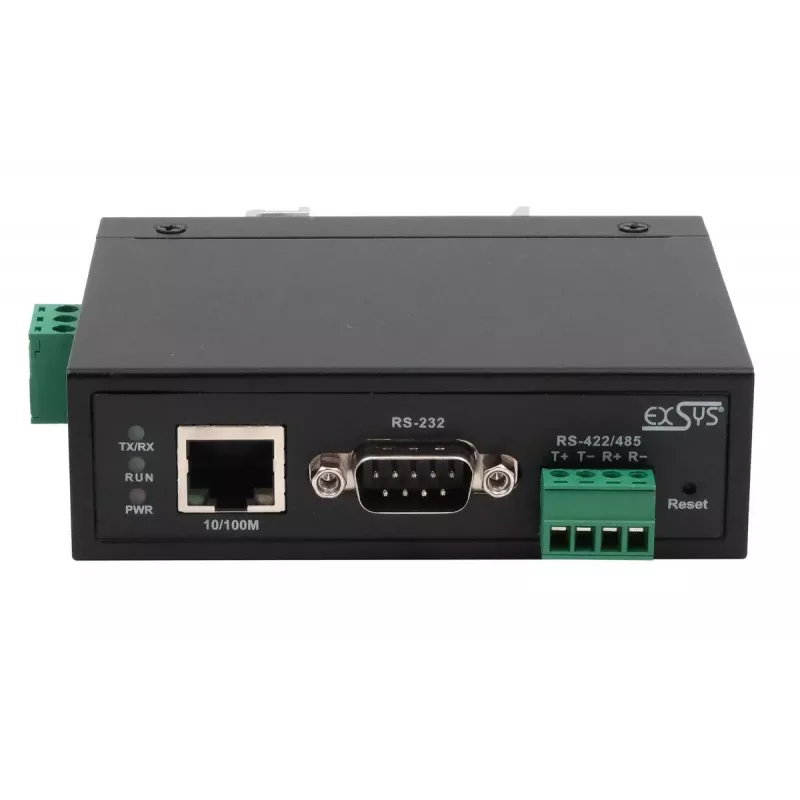 EXSYS EX-61001 seriālo ierīču serveris, Ethernet uz 1x RS-232/422/485, kopā ar DIN sliedes komplektu un strāvas adapteri