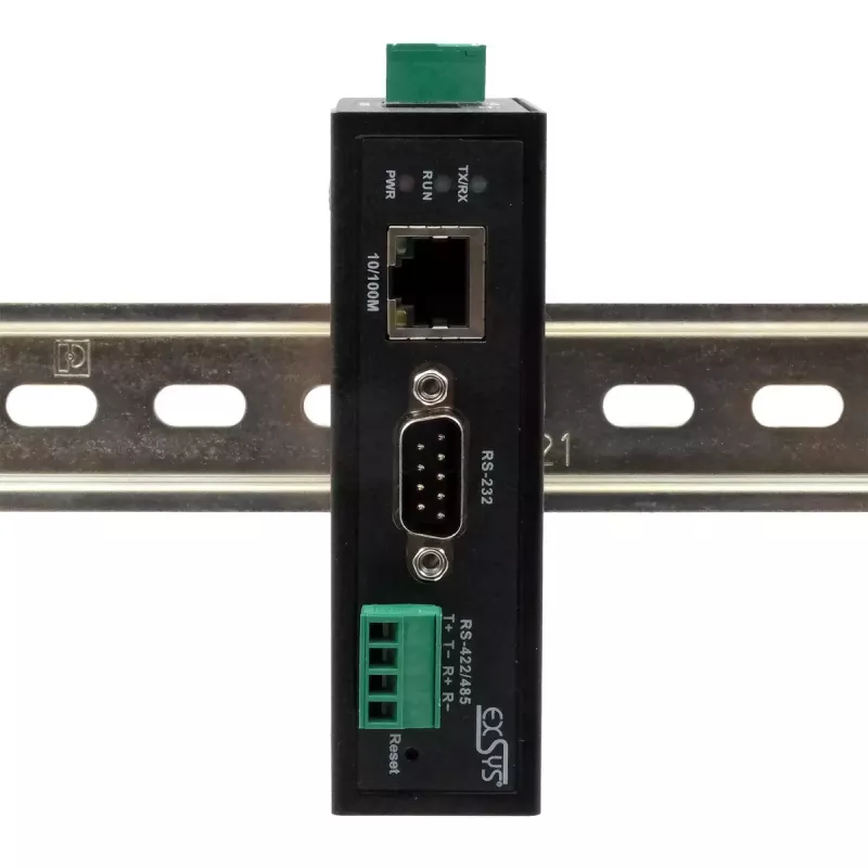 EXSYS EX-61001 seriālo ierīču serveris, Ethernet uz 1x RS-232/422/485, kopā ar DIN sliedes komplektu un strāvas adapteri