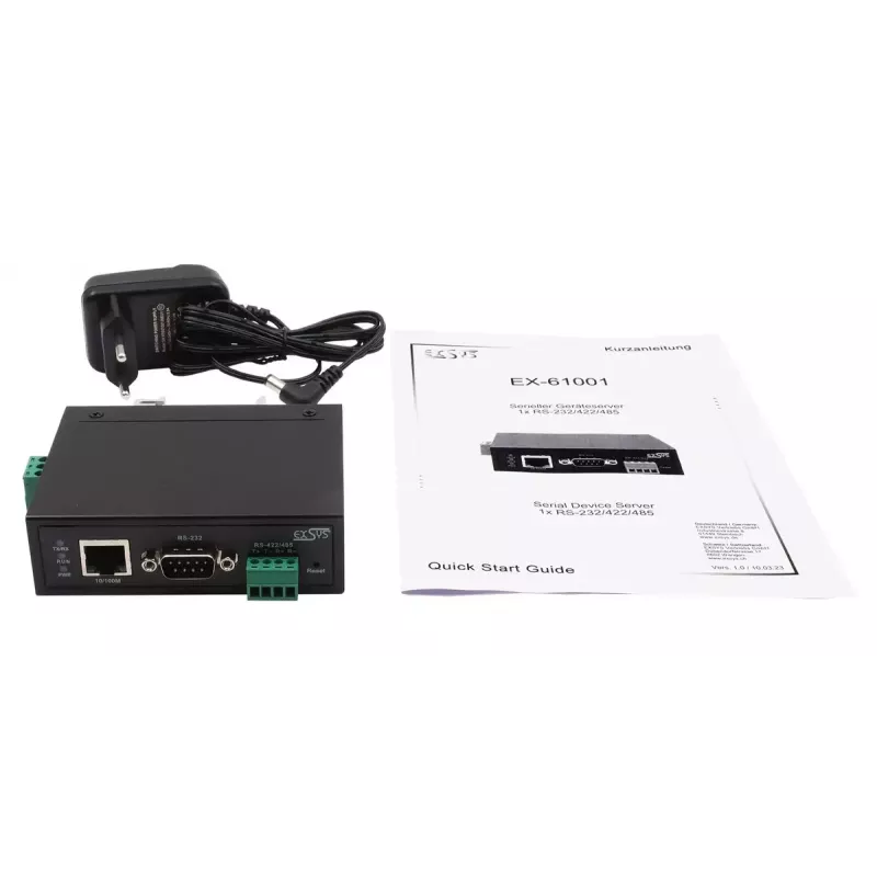 EXSYS EX-61001 seriālo ierīču serveris, Ethernet uz 1x RS-232/422/485, kopā ar DIN sliedes komplektu un strāvas adapteri