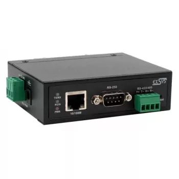 EXSYS EX-61001 seriālo ierīču serveris, Ethernet uz 1x RS-232/422/485, kopā ar DIN sliedes komplektu un strāvas adapteri