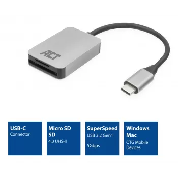 Karšu lasītājs ACT AC7056 USB 3.2 Gen 1 Type-C Pelēks Alumīnijs MicroSD SD