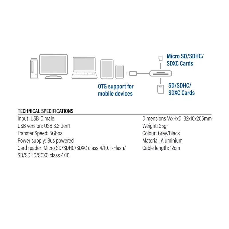 Karšu lasītājs ACT AC7056 USB 3.2 Gen 1 Type-C Pelēks Alumīnijs MicroSD SD