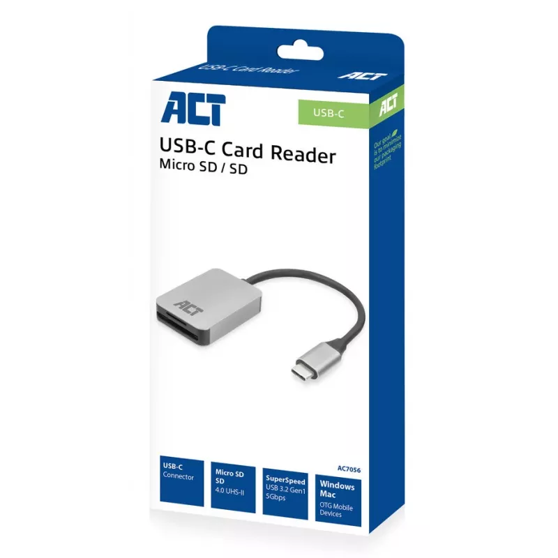 Karšu lasītājs ACT AC7056 USB 3.2 Gen 1 Type-C Pelēks Alumīnijs MicroSD SD