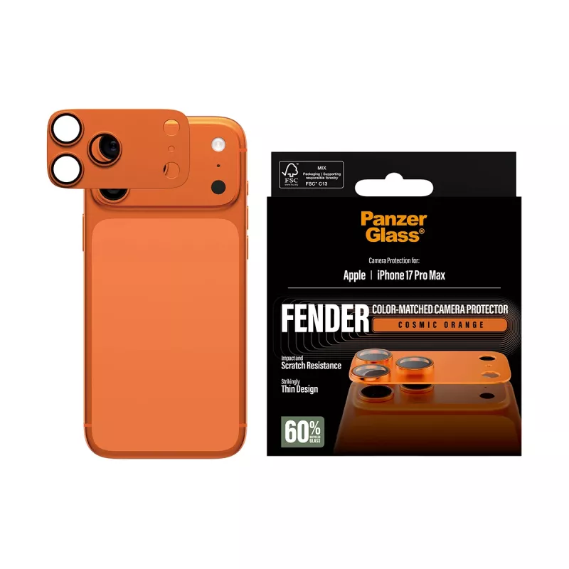 Kameras aizsargs PanzerGlass Fender iPhone 17 Pro Max, silikons, Cosmic Orange, skrāpējumu un triecienu izturīgs