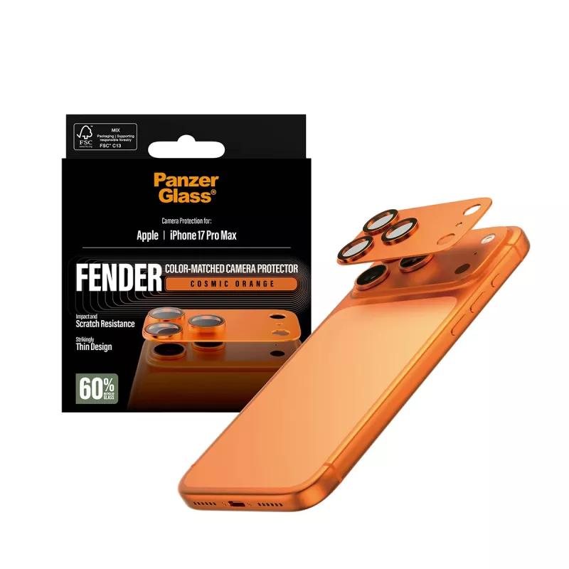 Kameras aizsargs PanzerGlass Fender iPhone 17 Pro Max, silikons, Cosmic Orange, skrāpējumu un triecienu izturīgs