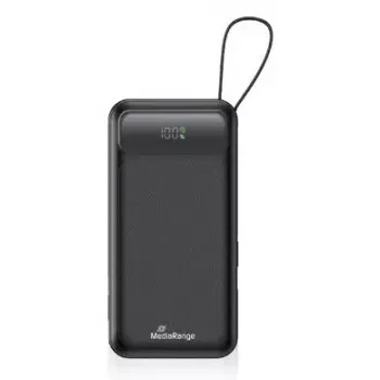 Powerbank MediaRange MRMA753 10 000 mAh LiPo ar integrētiem kabeļiem, LC displeju, USB-C PD & Quick Charge, melns