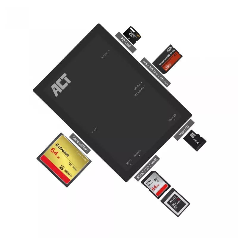 ACT AC6370 USB 3.0 karšu lasītājs CF MMC MS Duo MicroSD SDHC Melns